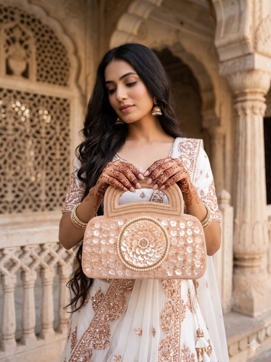 Dual-sided hand-embroidered luxury wedding bag featuring a central mother-of-pearl floral motif and a geometric pearl pattern on a natural jute base. This mini bucket-style bridal clutch includes a secure zip closure and an integrated hand-beaded handle, perfect for ethnic and festive wear