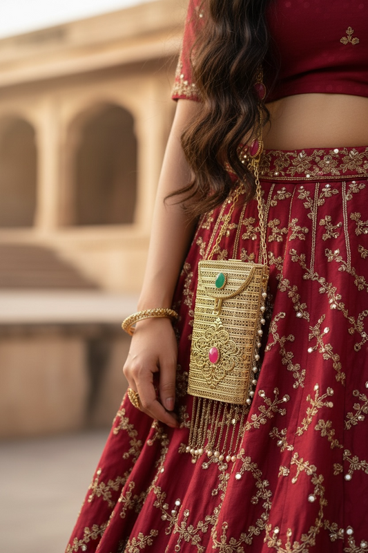 brass mobile clutch with tassel chains gold
gold metal waist clutch with tassels for women