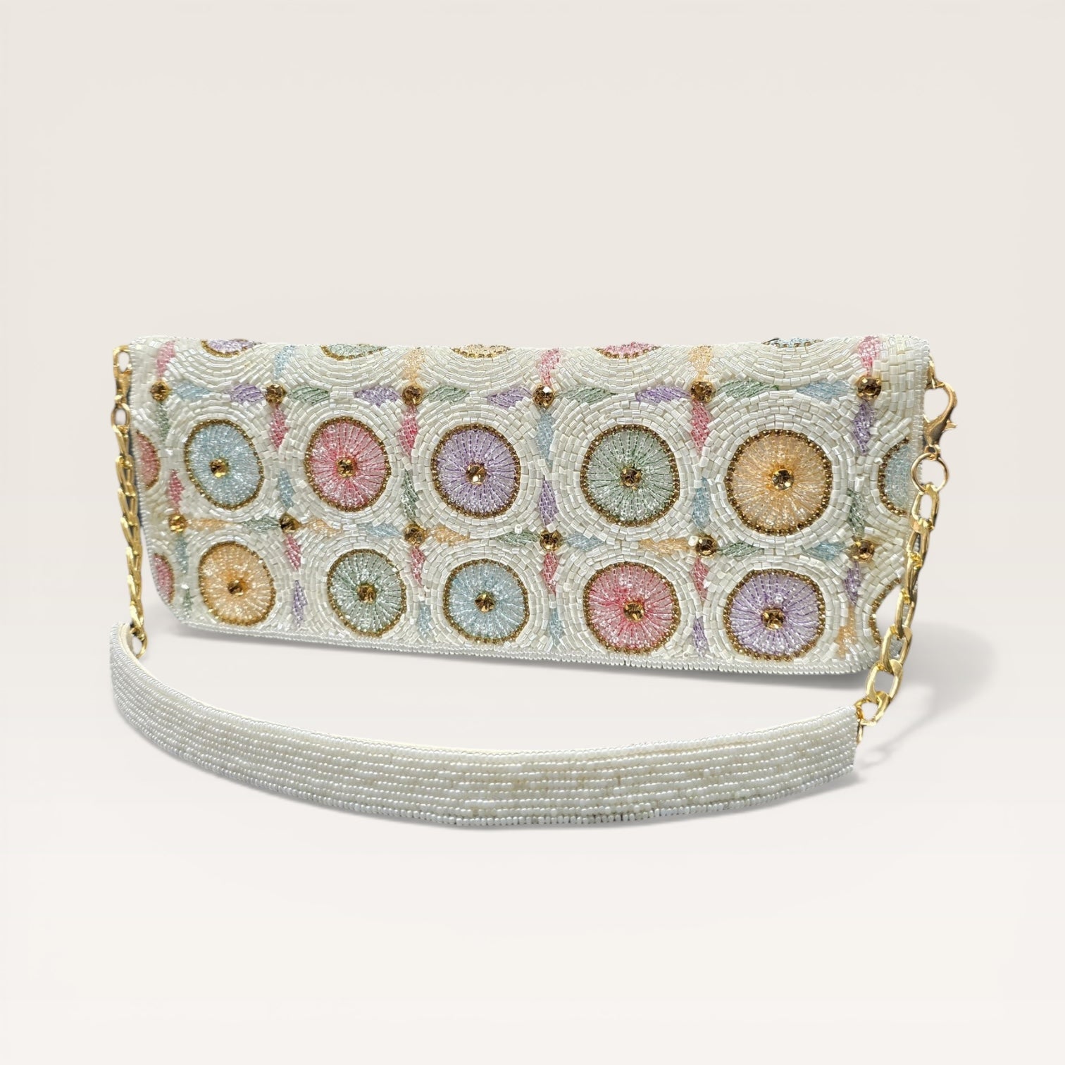 Hand-embroidered pastel bead envelope clutch with gold chain and Kardana work.