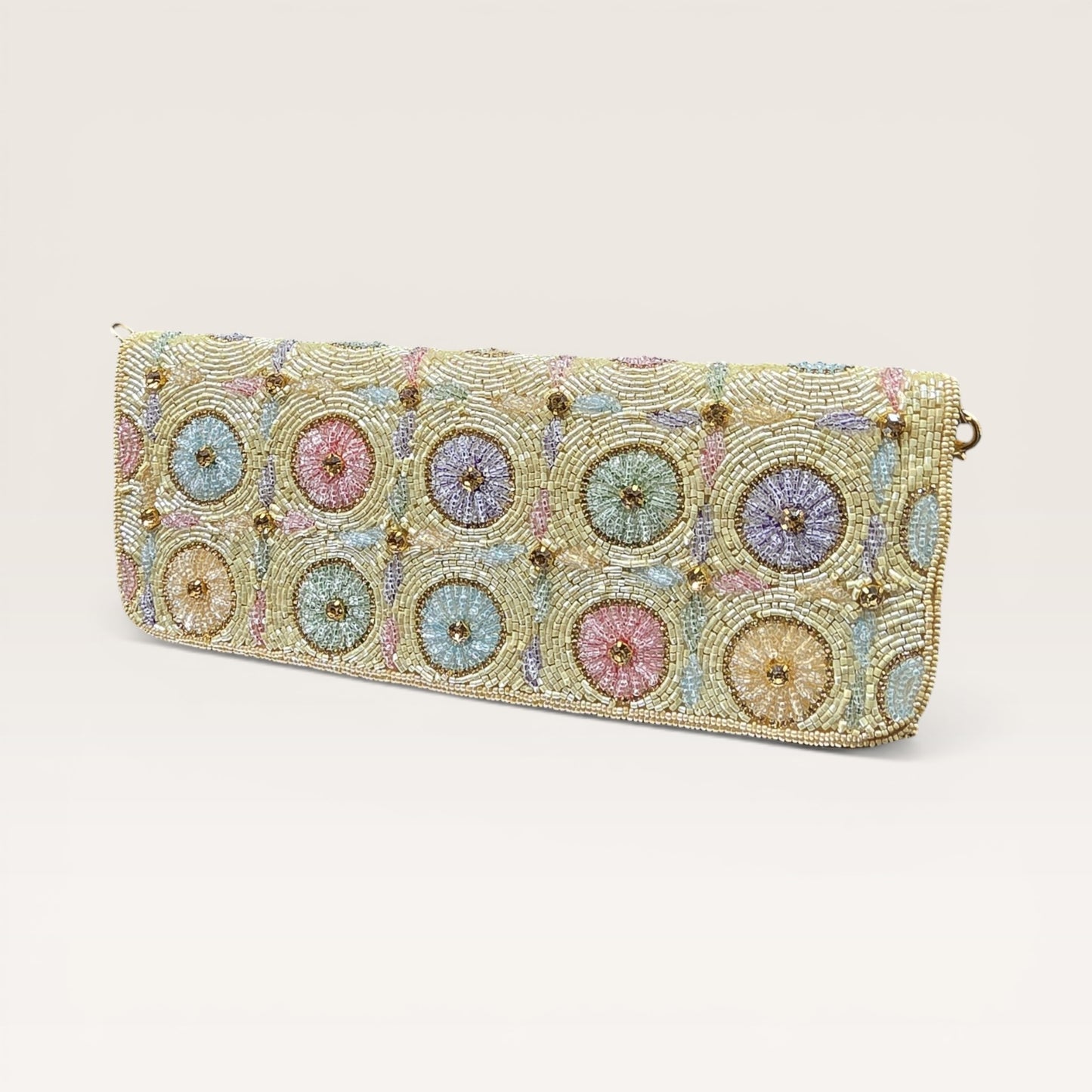 Hand-embroidered pastel bead envelope clutch with gold chain and Kardana work.