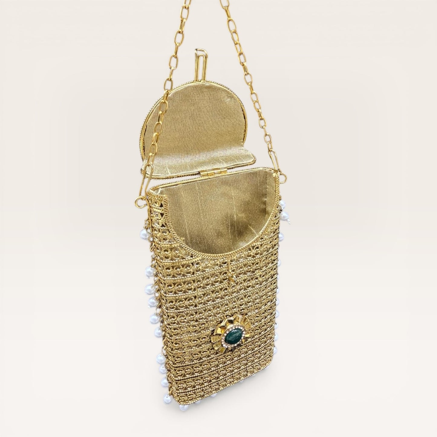 Manikya Antique Gold Brass Mobile Clutch