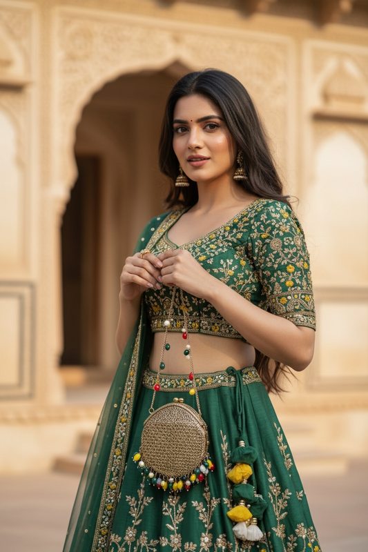 Handcrafted drop-shaped brass mini clutch with colorful hanging beads and fancy loop lock.