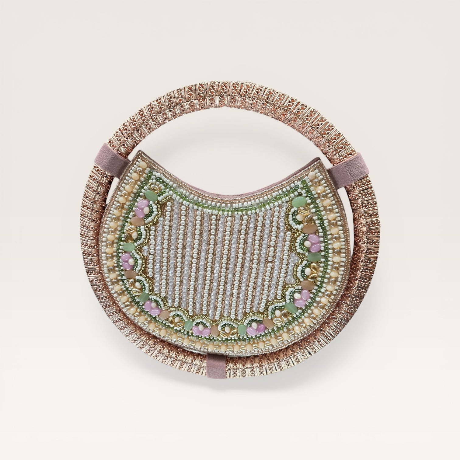 Designer circular ring bag with pearl embroidery, statement party wear handbag for women