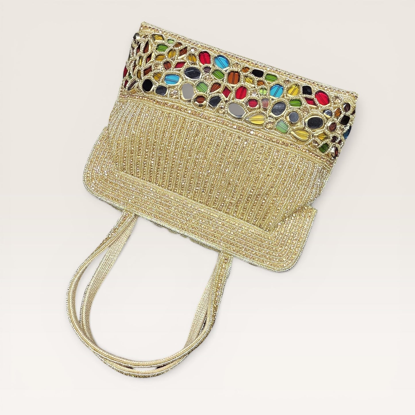 Hand-embroidered seed bead handbag with colorful stone border and twin embroidered handles.