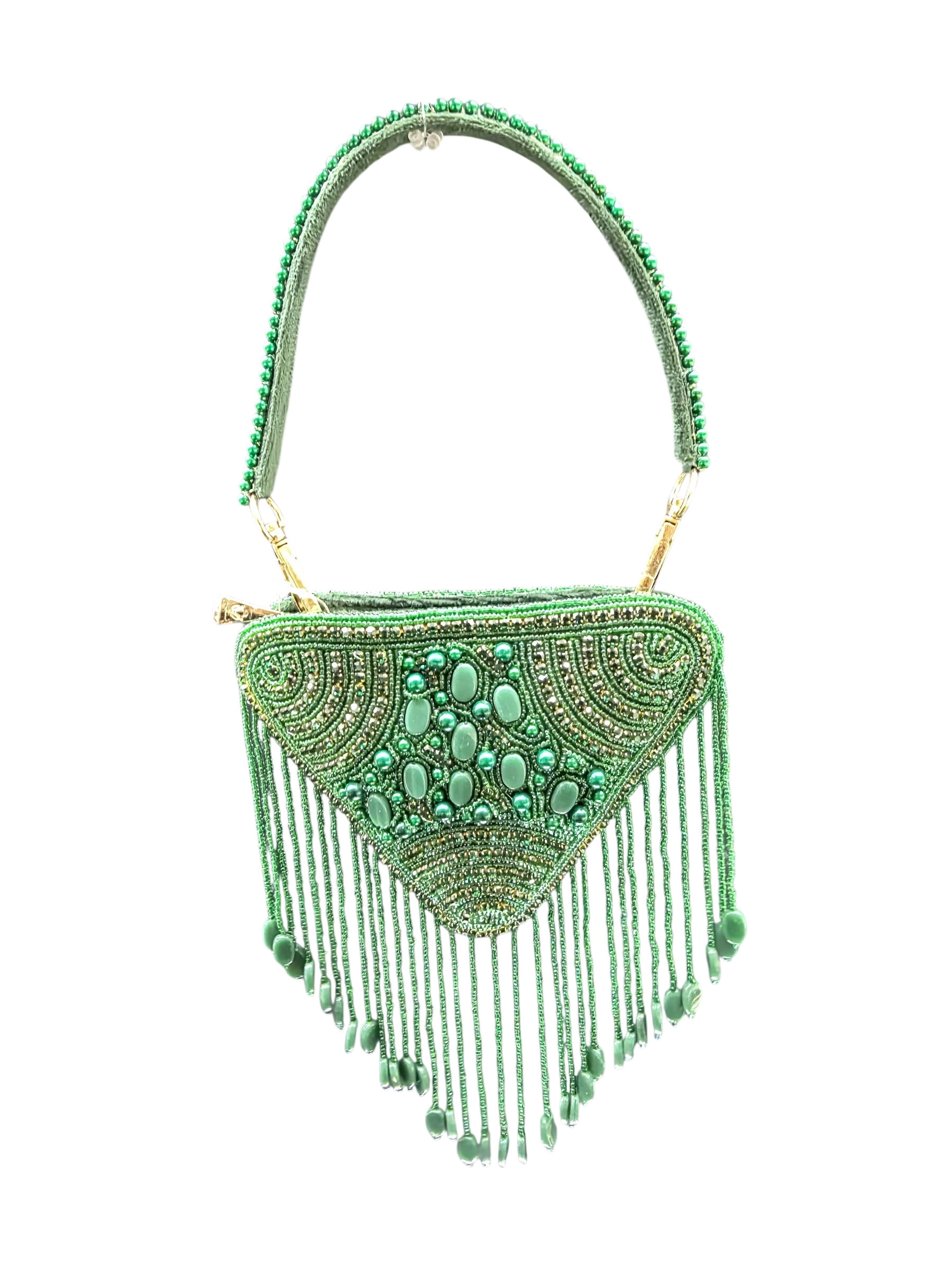 Hand-embroidered triangle mini bag in premium velvet featuring a front panel of pearls, stones, diamonds, and seed beads with rhythmic bead tassels. This geometric evening clutch includes a secure zip closure, a detailed pearl-work back, and a detachable hand-embroidered handle.