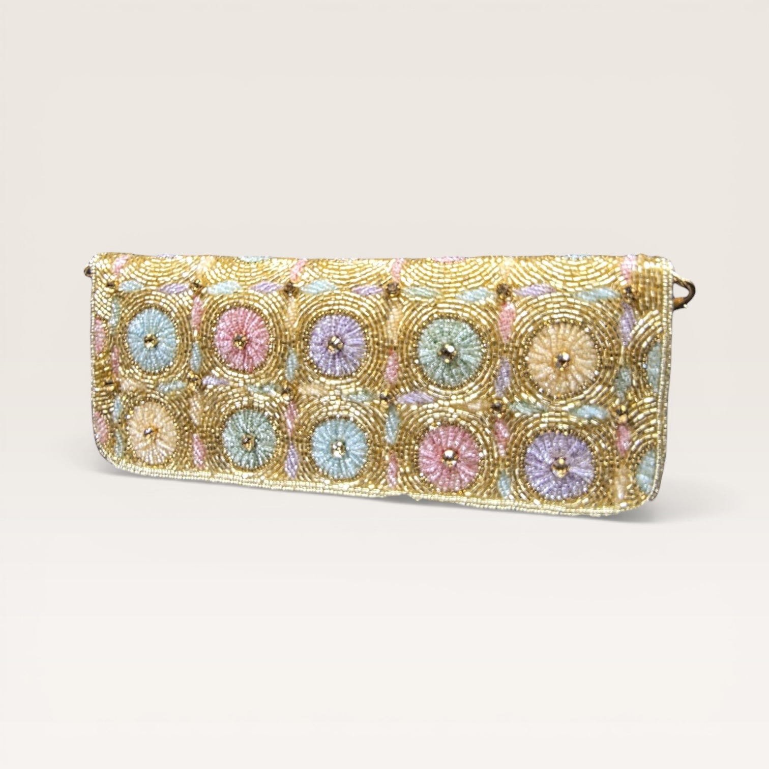 Hand-embroidered pastel bead envelope clutch with gold chain and Kardana work.