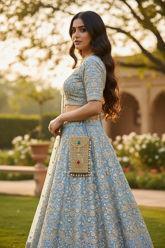 Gold brass mobile clutch with coloured teardrop stone and pearl tassels, luxury wedding phone bag
