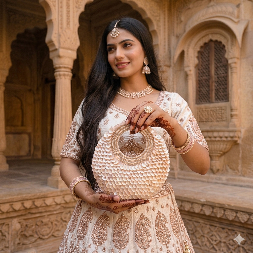 Dual-sided hand-embroidered circular mother of pearl clutch featuring a central floral shell motif with diamond-cut crystal accents and premium seed pearls. This 8.5-inch slim-profile wedding bag is crafted on a natural jute base with a hidden magnetic closure, perfect for luxury bridal and ethnic festive wear