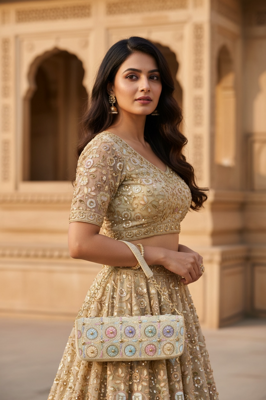 Hand-embroidered pastel bead envelope clutch with gold chain and Kardana work.