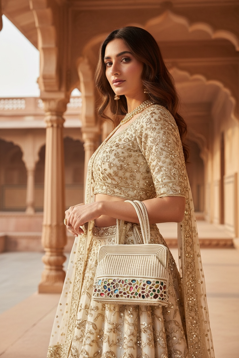 Hand-embroidered seed bead handbag with colorful stone border and twin embroidered handles.