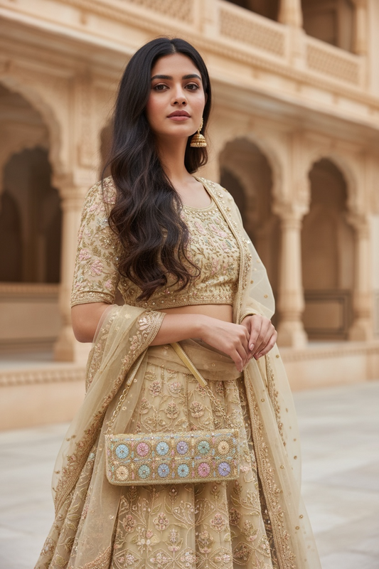 Hand-embroidered pastel bead envelope clutch with gold chain and Kardana work.