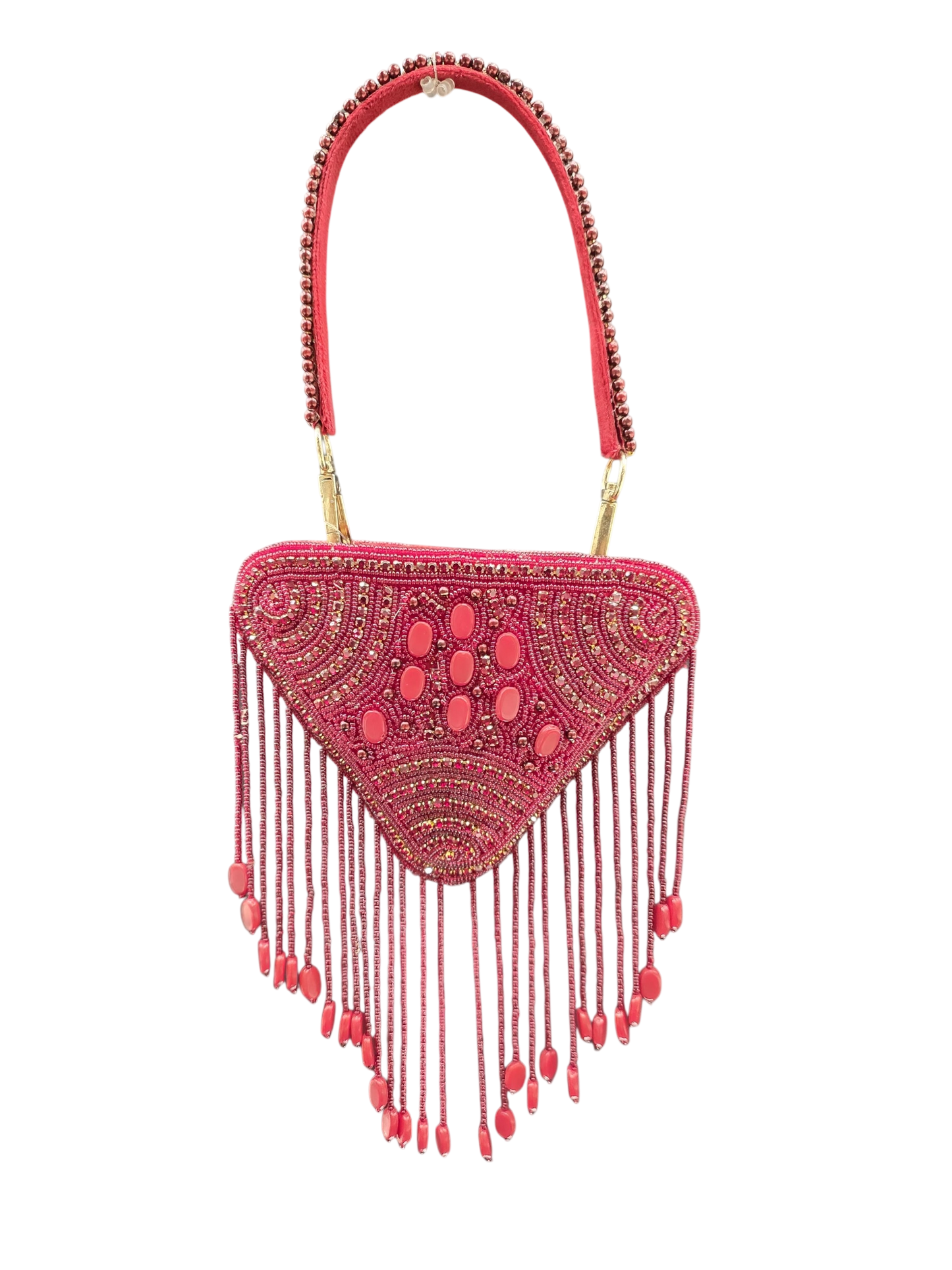Hand-embroidered triangle mini bag in premium velvet featuring a front panel of pearls, stones, diamonds, and seed beads with rhythmic bead tassels. This geometric evening clutch includes a secure zip closure, a detailed pearl-work back, and a detachable hand-embroidered handle.