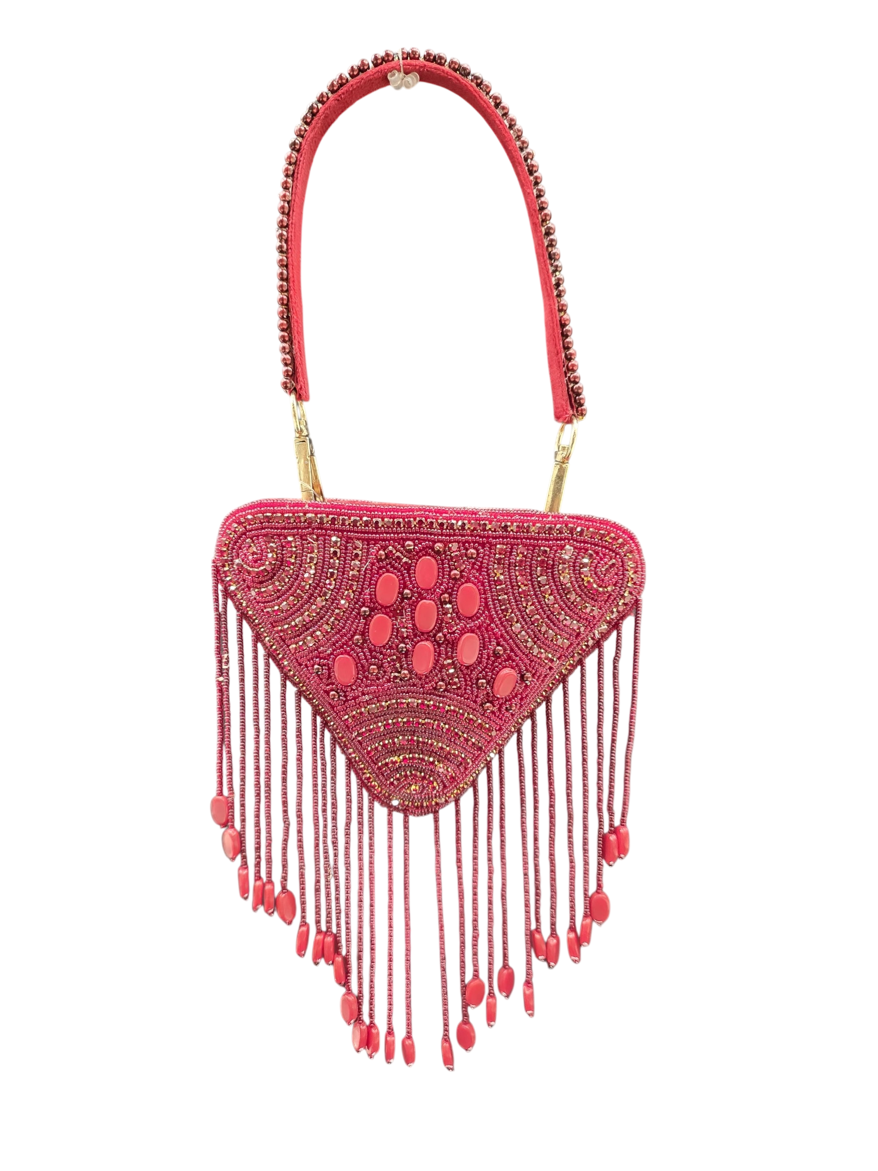 Hand-embroidered triangle mini bag in premium velvet featuring a front panel of pearls, stones, diamonds, and seed beads with rhythmic bead tassels. This geometric evening clutch includes a secure zip closure, a detailed pearl-work back, and a detachable hand-embroidered handle.