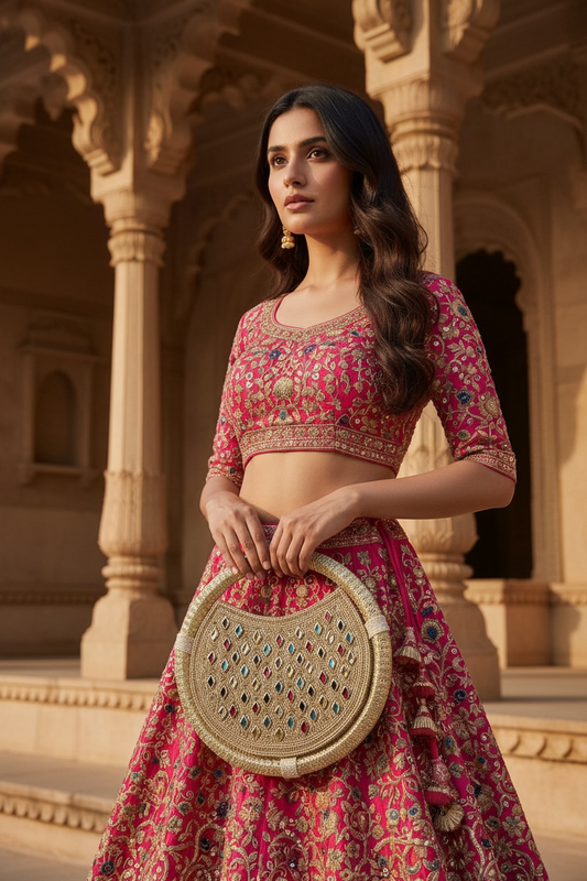 jute Ring bag with colorful diamond stone embroidery and seed bead details.