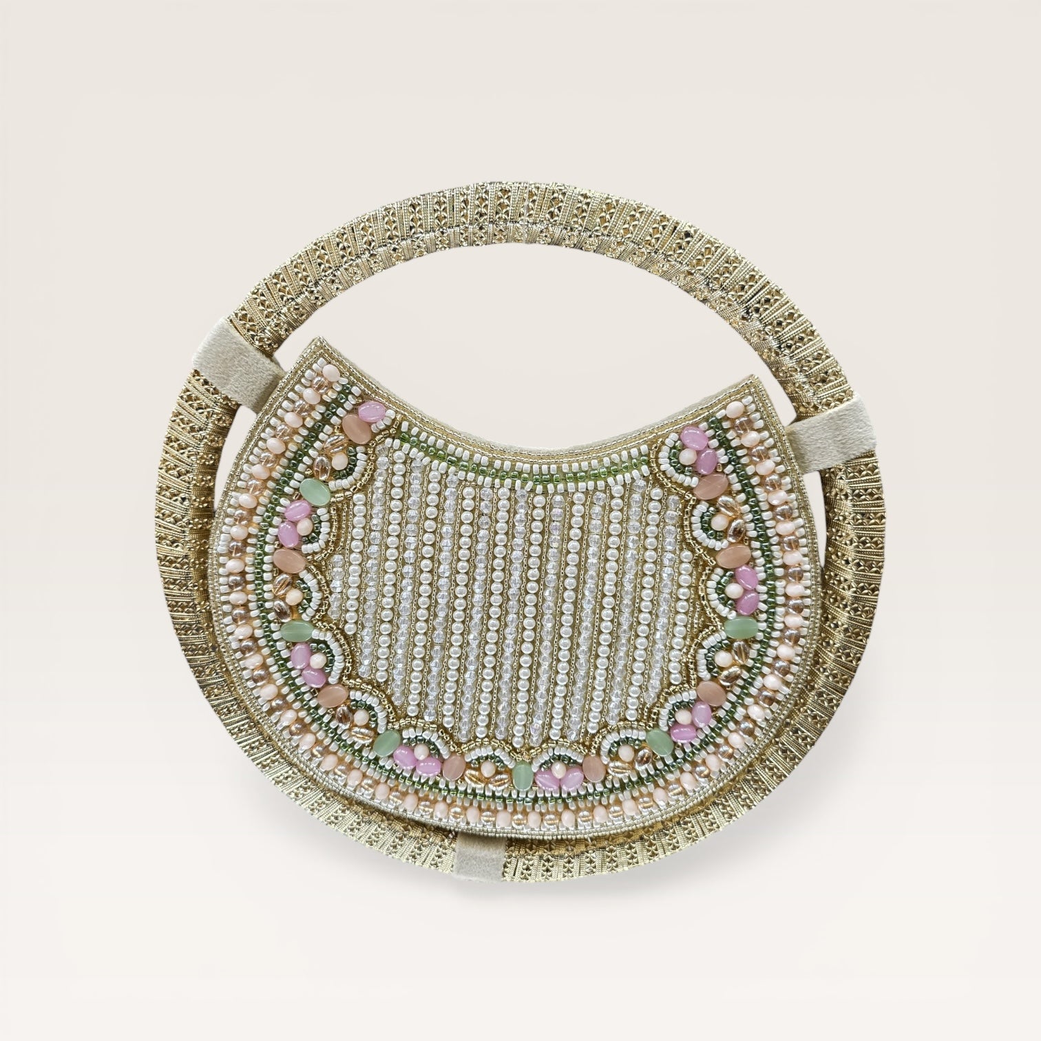 Luxury pearl embellished ring handle bag for women, bridal and festive wear clutch with magnetic closure