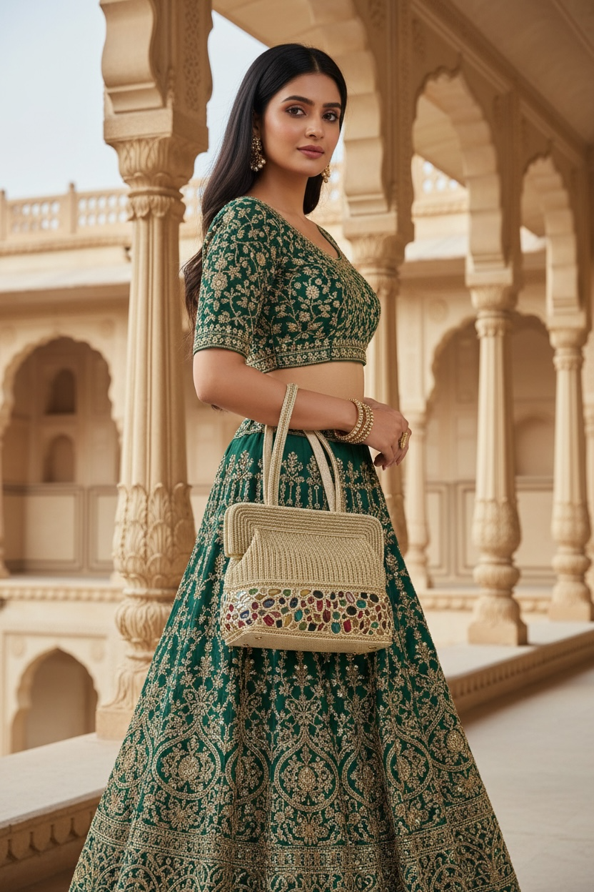 Hand-embroidered seed bead handbag with colorful stone border and twin embroidered handles.