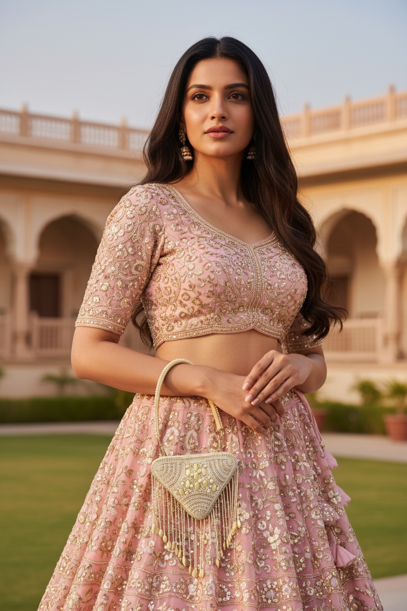 Hand-embroidered triangle mini bag in premium velvet featuring a front panel of pearls, stones, diamonds, and seed beads with rhythmic bead tassels. This geometric evening clutch includes a secure zip closure, a detailed pearl-work back, and a detachable hand-embroidered handle.