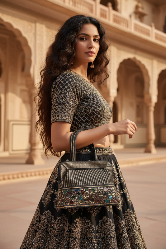 Hand-embroidered seed bead handbag with colorful stone border and twin embroidered handles.