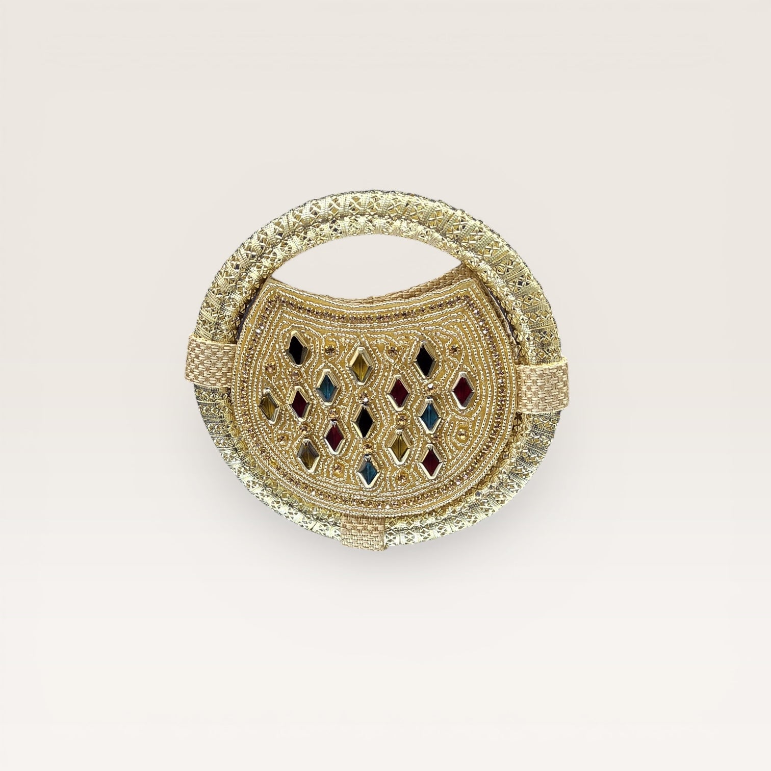 Discover our handcrafted nano ring bag made from premium jute. Embellished with colorful stones and seed beads. Perfect for festive and bridal luxury wear.