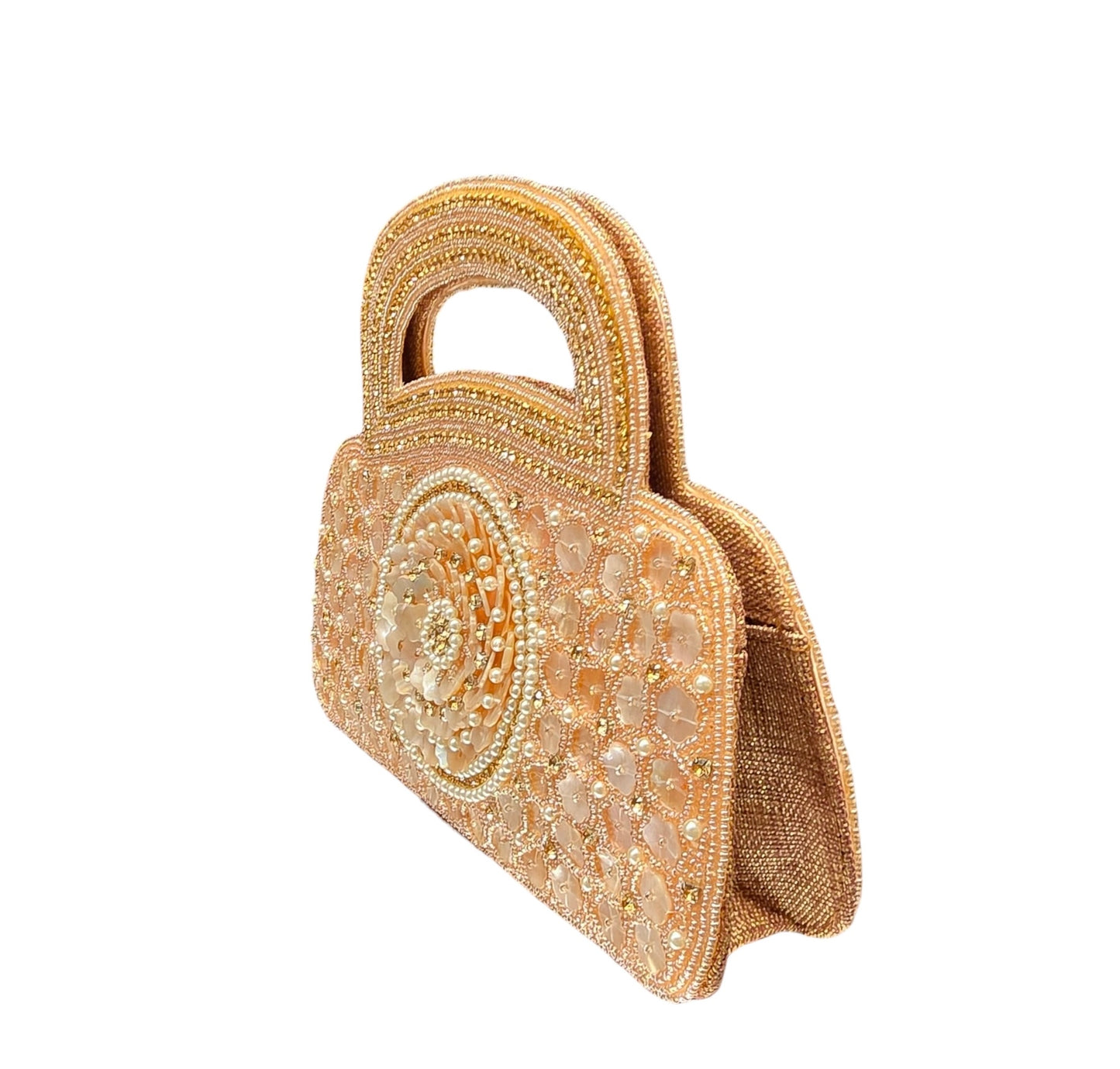 Dual-sided hand-embroidered luxury wedding bag featuring a central mother-of-pearl floral motif and a geometric pearl pattern on a natural jute base. This mini bucket-style bridal clutch includes a secure zip closure and an integrated hand-beaded handle, perfect for ethnic and festive wear