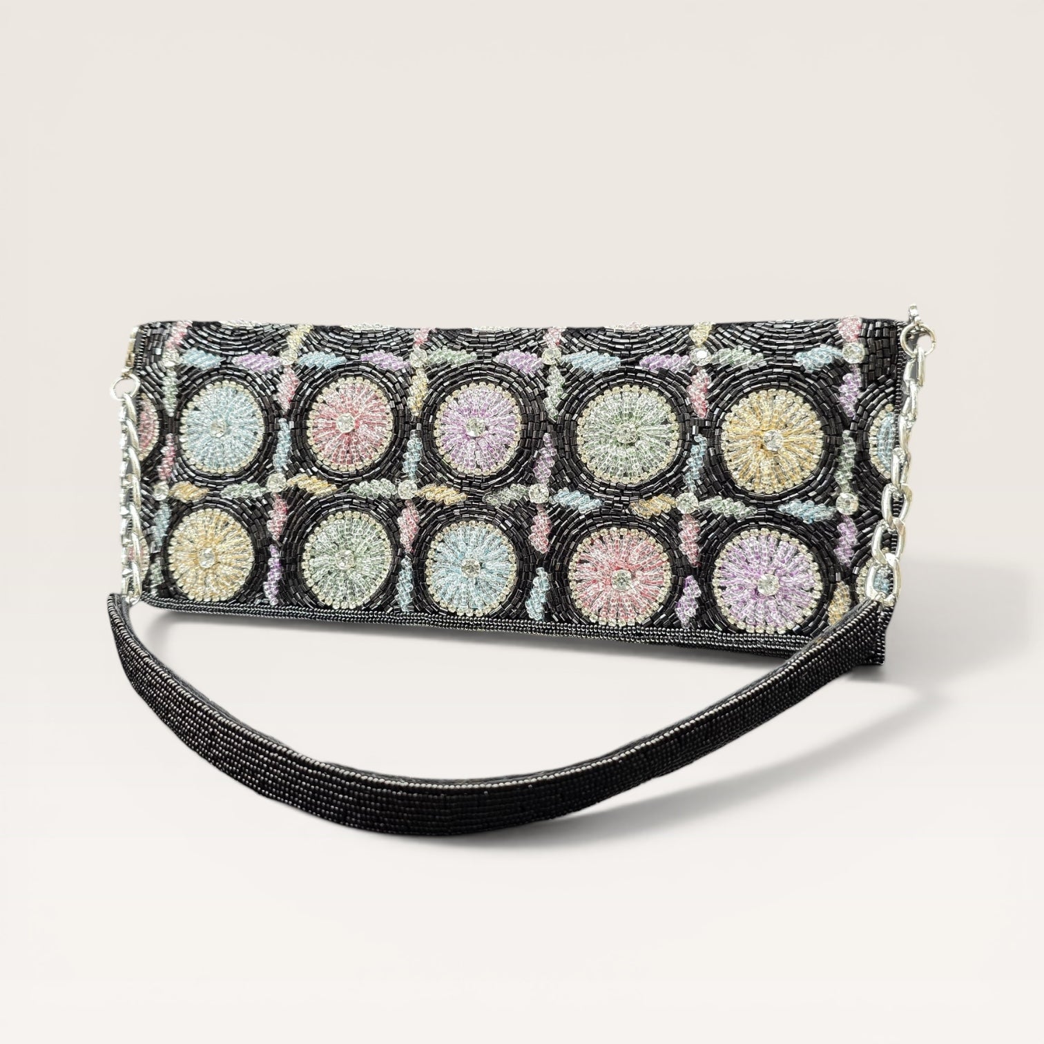 Hand-embroidered pastel bead envelope clutch with gold chain and Kardana work.