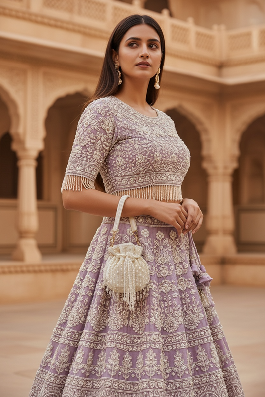 Hand-embroidered Ivory velvet mini potli bag with crystal drop tassels and seed bead work.