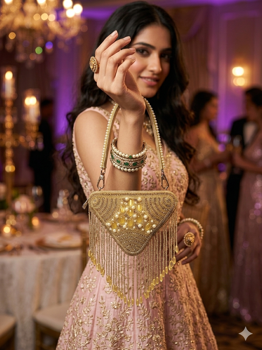 Hand-embroidered triangle mini bag in premium velvet featuring a front panel of pearls, stones, diamonds, and seed beads with rhythmic bead tassels. This geometric evening clutch includes a secure zip closure, a detailed pearl-work back, and a detachable hand-embroidered handle.