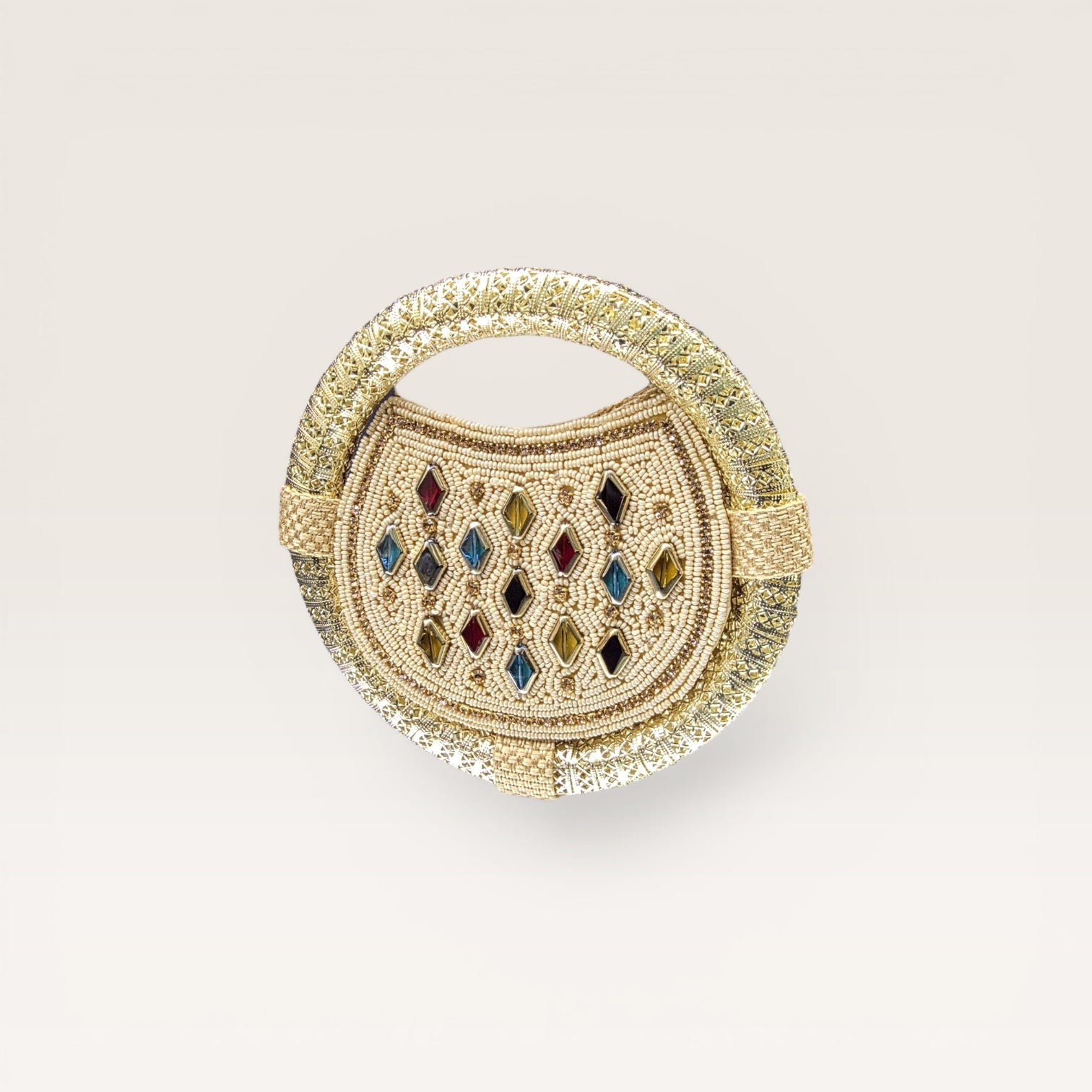 Discover our handcrafted nano ring bag made from premium jute. Embellished with colorful stones and seed beads. Perfect for festive and bridal luxury wear.