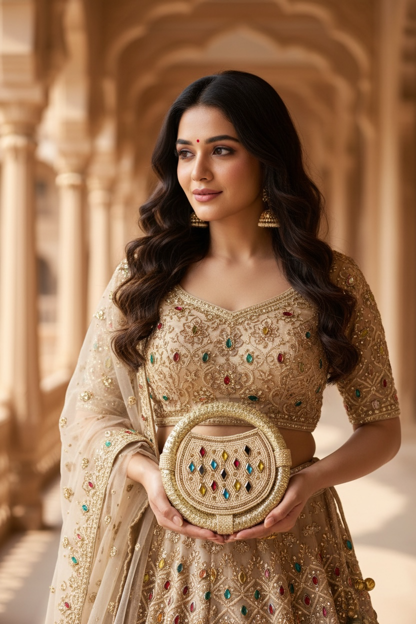 Discover our handcrafted nano ring bag made from premium jute. Embellished with colorful stones and seed beads. Perfect for festive and bridal luxury wear.