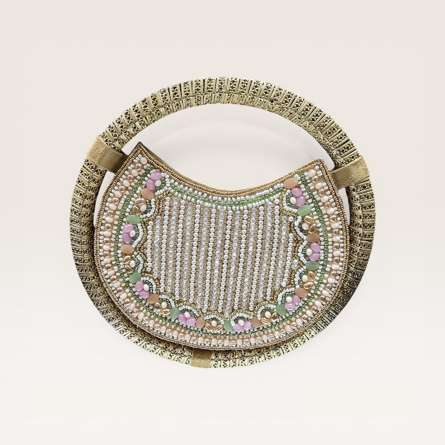 Bridal pearl ring clutch with hand embroidery, stylish women’s party bag with wrist handle