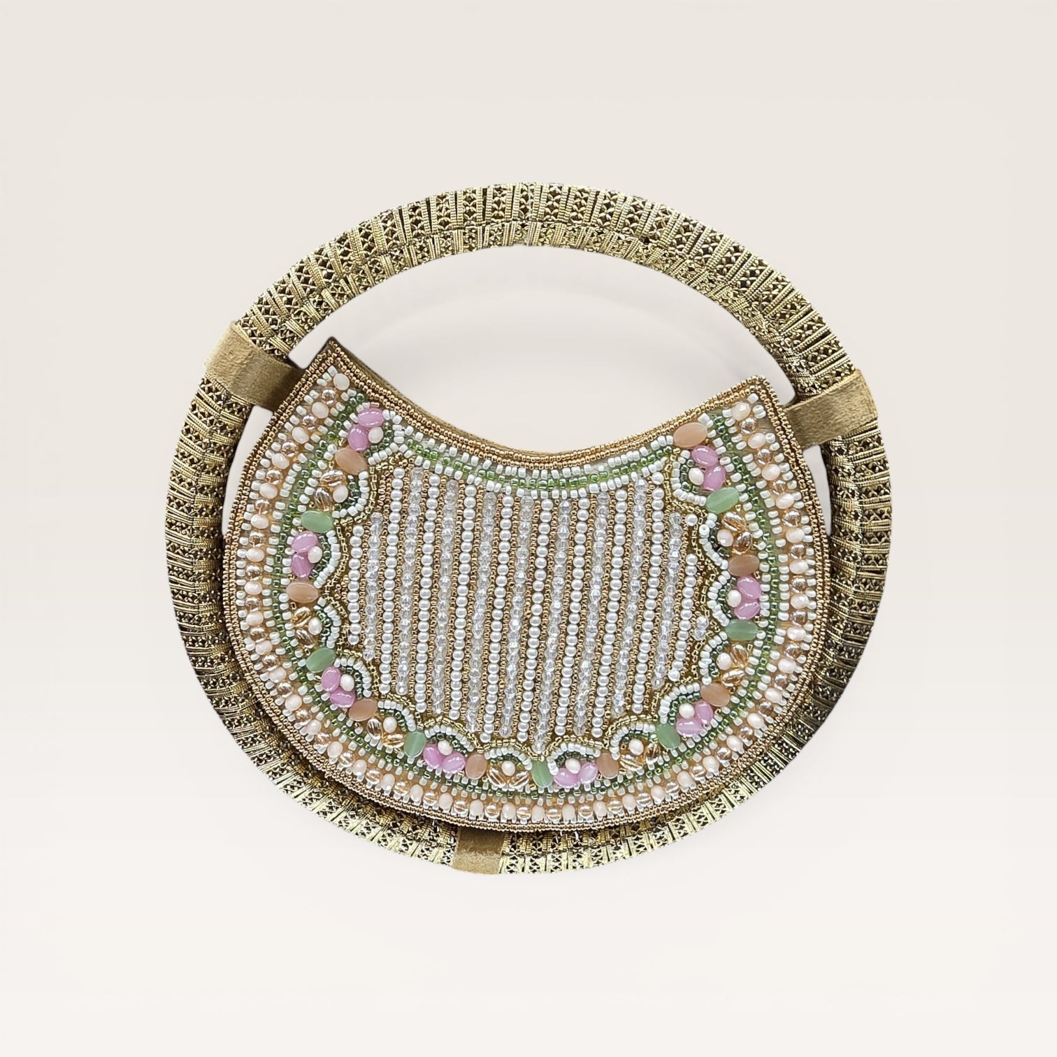 Bridal pearl ring clutch with hand embroidery, stylish women’s party bag with wrist handle