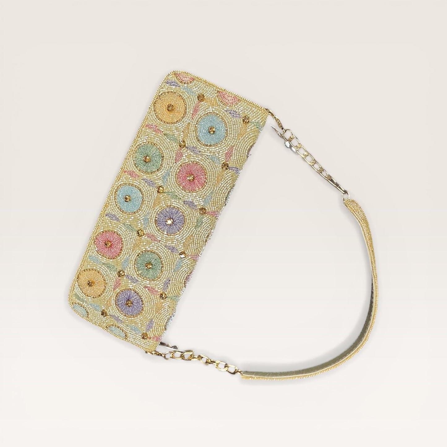 Hand-embroidered pastel bead envelope clutch with gold chain and Kardana work.