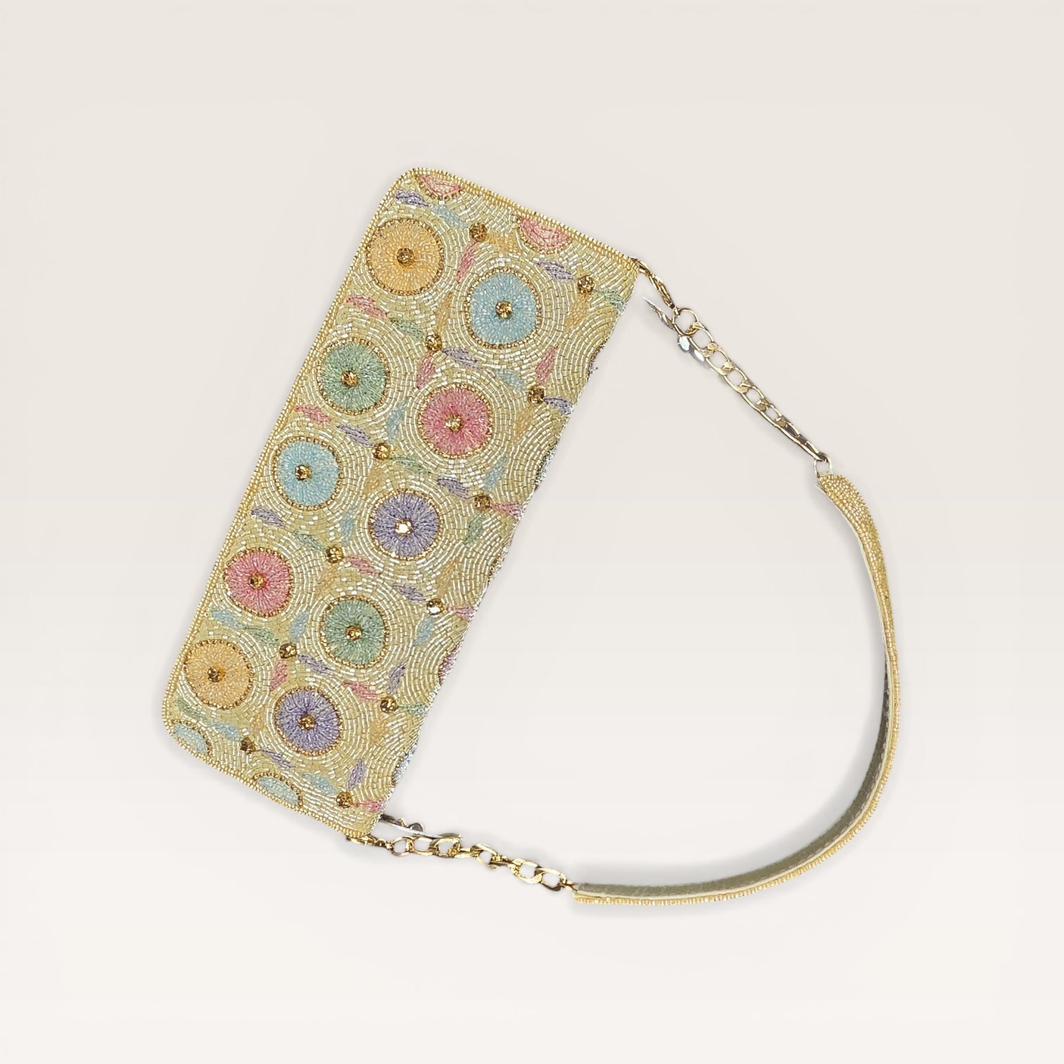 Hand-embroidered pastel bead envelope clutch with gold chain and Kardana work.