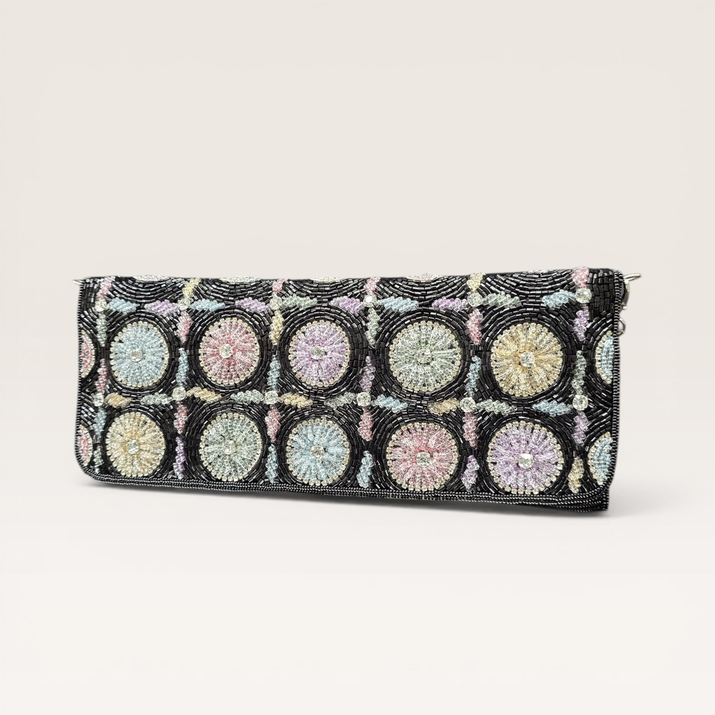 Hand-embroidered pastel bead envelope clutch with gold chain and Kardana work.