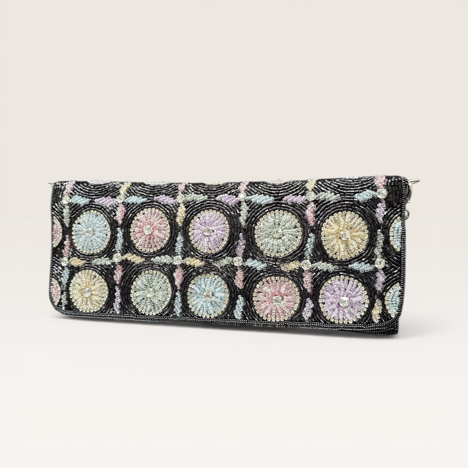 Hand-embroidered pastel bead envelope clutch with gold chain and Kardana work.
