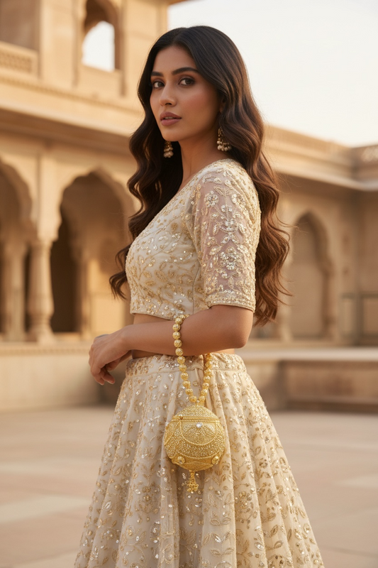 Handcrafted coconut-shaped brass mini clutch with gold filigree and beaded wristlet handle.