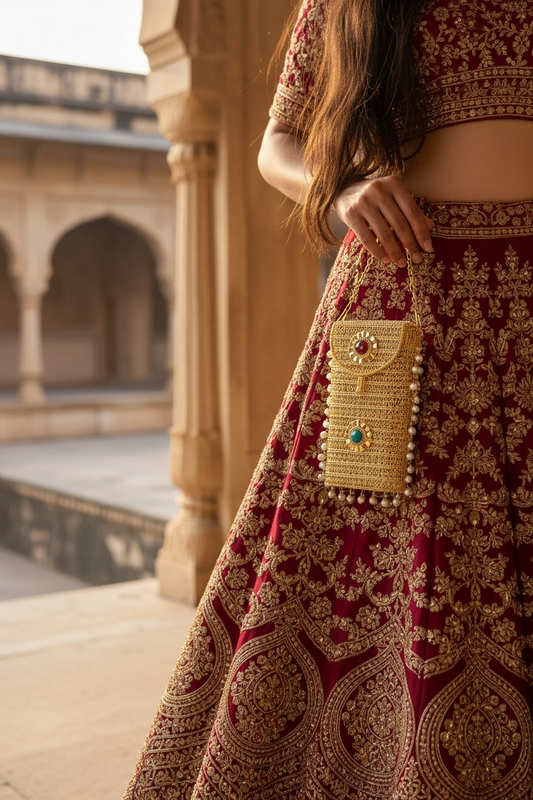 Premium gold brass mobile clutch with pearl hangings and red green stone detailing