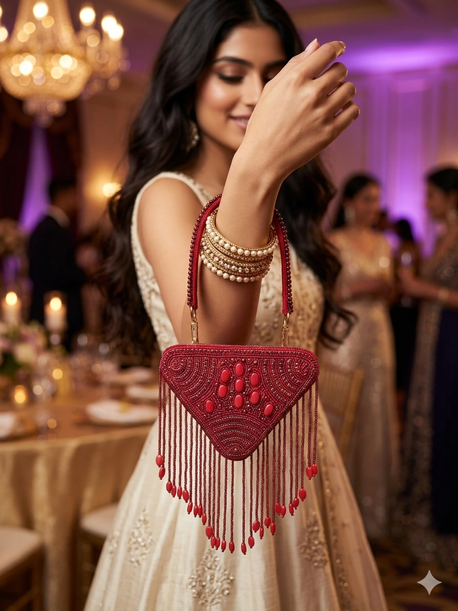 Hand-embroidered triangle mini bag in premium velvet featuring a front panel of pearls, stones, diamonds, and seed beads with rhythmic bead tassels. This geometric evening clutch includes a secure zip closure, a detailed pearl-work back, and a detachable hand-embroidered handle.