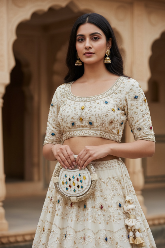 Discover our handcrafted nano ring bag made from premium jute. Embellished with colorful stones and seed beads. Perfect for festive and bridal luxury wear.