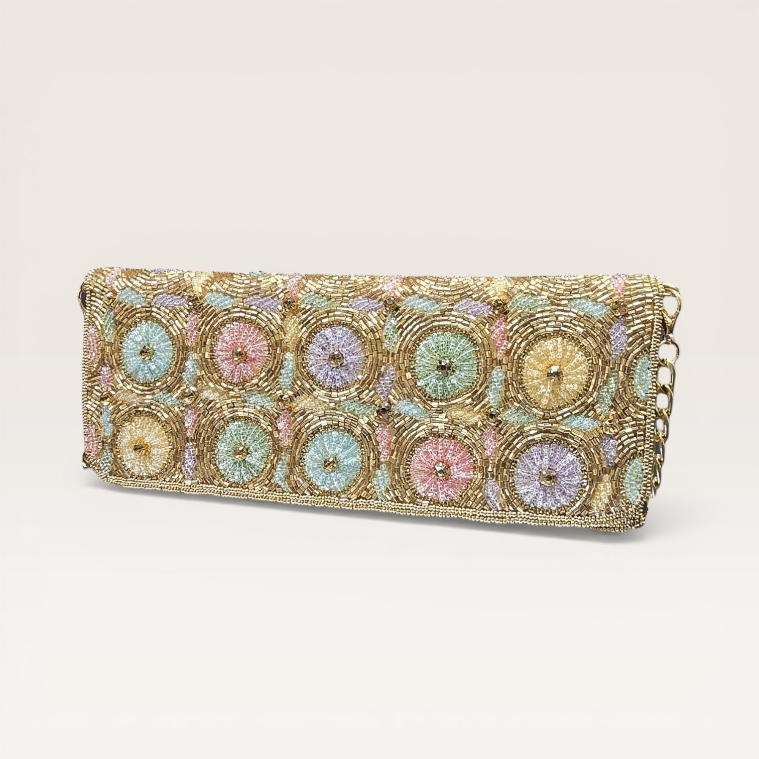 Hand-embroidered pastel bead envelope clutch with gold chain and Kardana work.