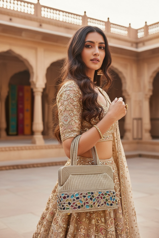 Hand-embroidered seed bead handbag with colorful stone border and twin embroidered handles.