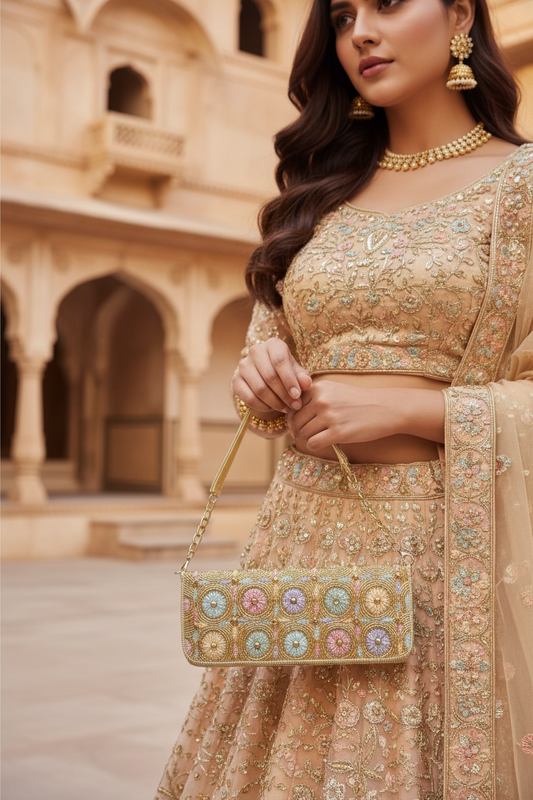 Hand-embroidered pastel bead envelope clutch with gold chain and Kardana work.