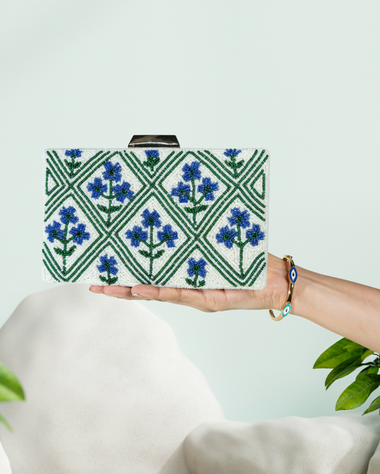 Patola Blue Flower Box Clutch
