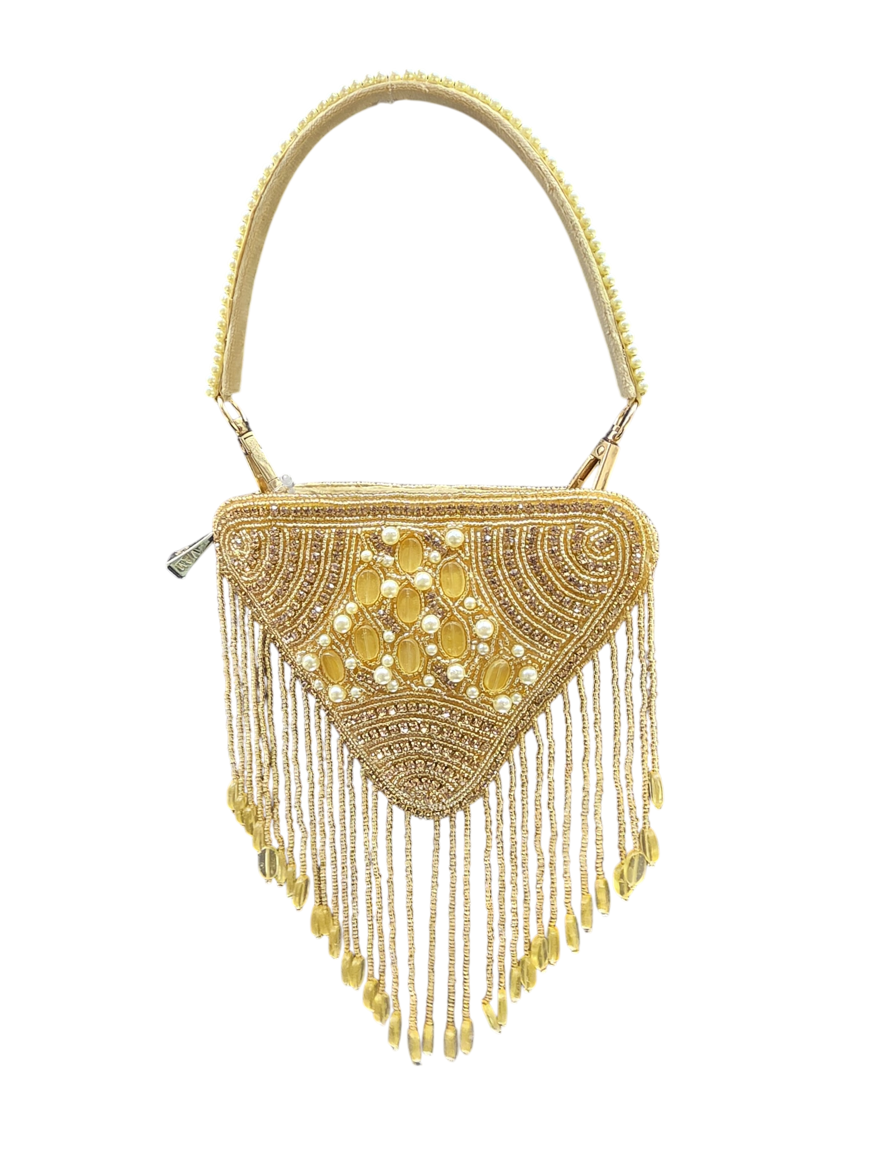 Hand-embroidered triangle mini bag in premium velvet featuring a front panel of pearls, stones, diamonds, and seed beads with rhythmic bead tassels. This geometric evening clutch includes a secure zip closure, a detailed pearl-work back, and a detachable hand-embroidered handle.