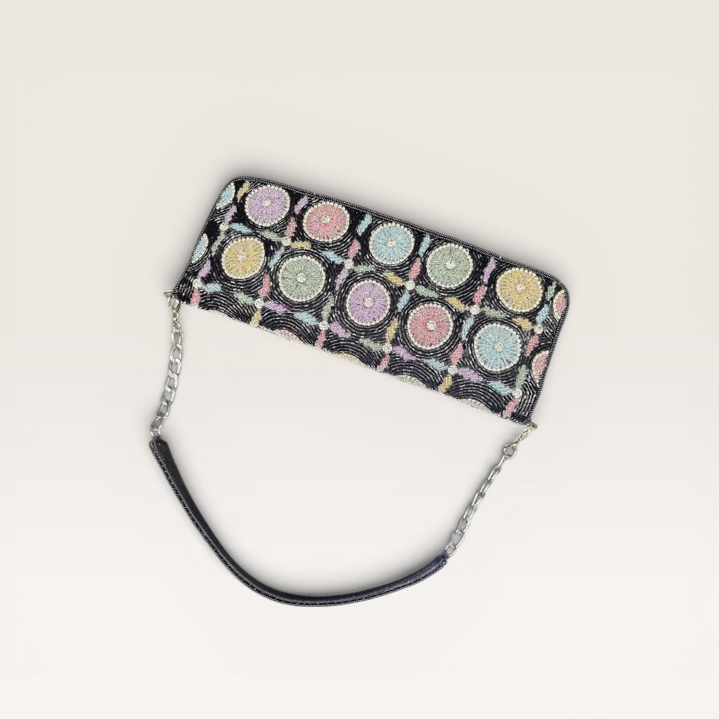 Hand-embroidered pastel bead envelope clutch with gold chain and Kardana work.