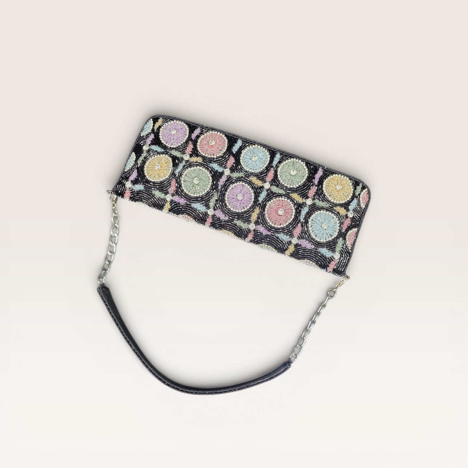 Hand-embroidered pastel bead envelope clutch with gold chain and Kardana work.
