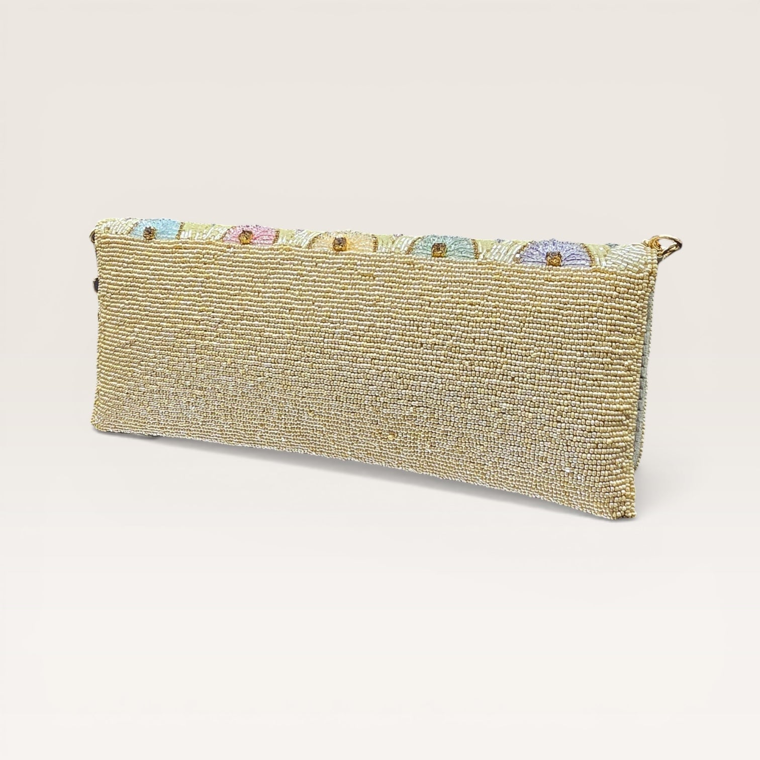 Hand-embroidered pastel bead envelope clutch with gold chain and Kardana work.