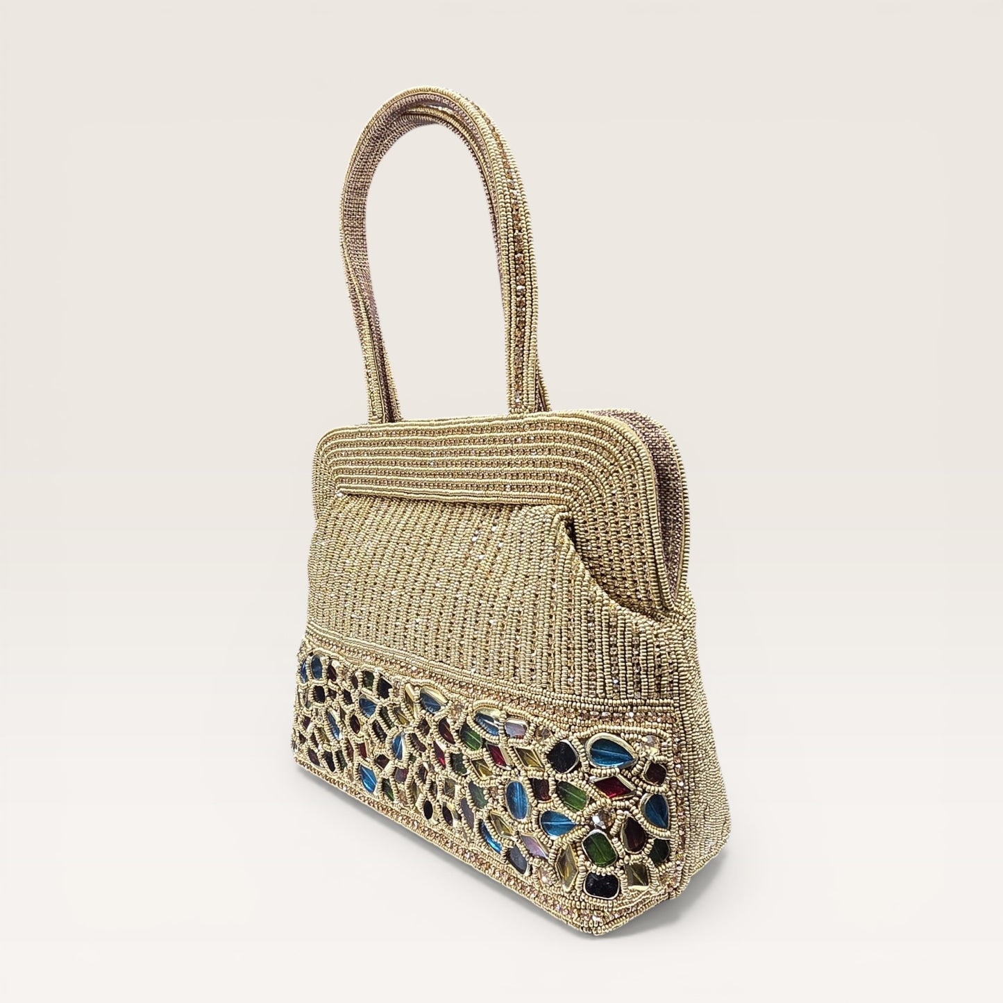 Hand-embroidered seed bead handbag with colorful stone border and twin embroidered handles.