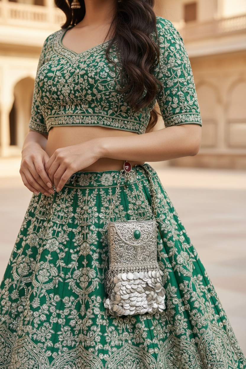 brass waist mobile clutch with danglers
gold metal wedding clutch with waist hook
designer Indian brass clutch bag
trending bridal mobile clutch silver