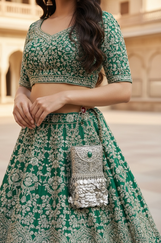 brass waist mobile clutch with danglers
gold metal wedding clutch with waist hook
designer Indian brass clutch bag
trending bridal mobile clutch silver